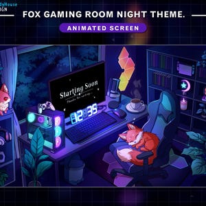 Animated Twitch Screen Cute Fox Streaming Room Night Theme, Aesthetic Game Room Stream Overlay with PC Setup, Coffee, Plant Pots, Night Sky