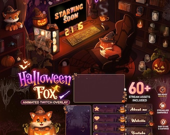 Animated Halloween Fox Gaming Room Stream Package, Cute Fox Twitch Overlay with Ghost, Pumpkin, Spooky Stream Overlays for OBS, Streamlabs