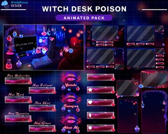Animated Stream Package Witch Desk Poison, Halloween Desk Twitch Overlay , Gothic Overlay with Black Cat, Spider, Ghost, Skull...