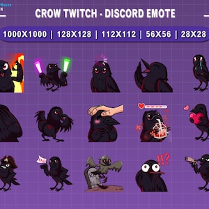 Peut inclure: Ensemble d'&eacute;motic&ocirc;nes Discord sur le th&egrave;me du corbeau, pr&eacute;sentant diverses poses et expressions. Les &eacute;motic&ocirc;nes incluent des corbeaux avec des sabres laser, en pleurs et tenant des c&oelig;urs. Le texte "CROW TWITCH - DISCORD EMOTE" est &eacute;galement inclus.