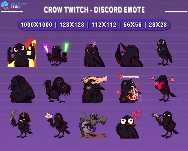 Peut inclure: Ensemble d'&eacute;motic&ocirc;nes Discord sur le th&egrave;me du corbeau, pr&eacute;sentant diverses poses et expressions. Les &eacute;motic&ocirc;nes incluent des corbeaux avec des sabres laser, en pleurs et tenant des c&oelig;urs. Le texte "CROW TWITCH - DISCORD EMOTE" est &eacute;galement inclus.