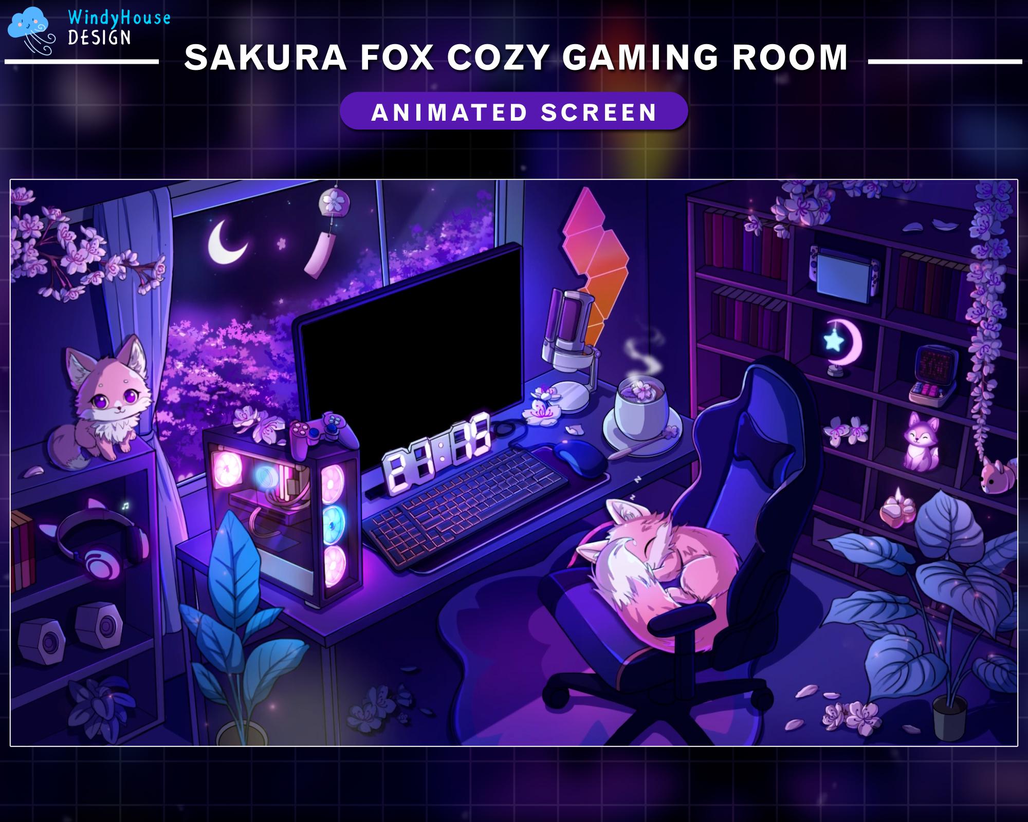 Sakura Fox Cozy Gaming Stream Screens, Animated Fox Twitch Overlays ...