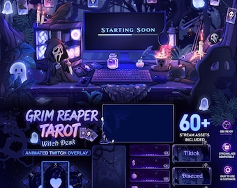 Animiertes Grim Reaper Tarot-Karten-Spooky Forest Twitch-Overlay-Paket, Niedliche Geister-Hexen-Schreibtisch-Stream-Overlays für OBS VTuber-Hintergrund