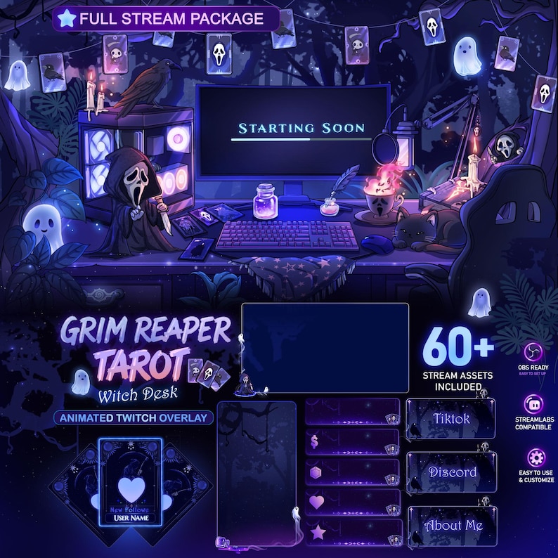 K&ouml;nnte beinhalten: Digitale Kunstillustration eines Twitch-Overlay-Pakets zum Thema Grim Reaper. Das Design zeigt ein Computer-Setup mit einem Monitor, der "Starting Soon" anzeigt, Tarotkarten und animierten Elementen. Enth&auml;lt &uuml;ber 60 Stream-Assets.