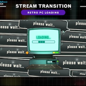 May include: A retro computer screen with a loading bar and the text "LOADING..." on a blue background. The screen is surrounded by black boxes with the text "please wait..." repeated multiple times.