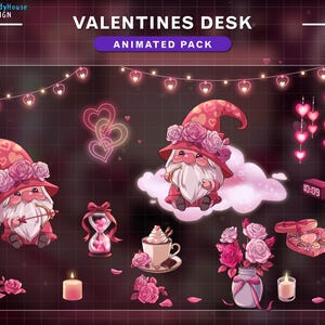 May include: A digital illustration featuring Valentine's Day-themed elements. The image includes gnomes, hearts, roses, a digital clock, and a cup of coffee. The text "VALENTINES DESK" and "ANIMATED PACK" are displayed at the top.