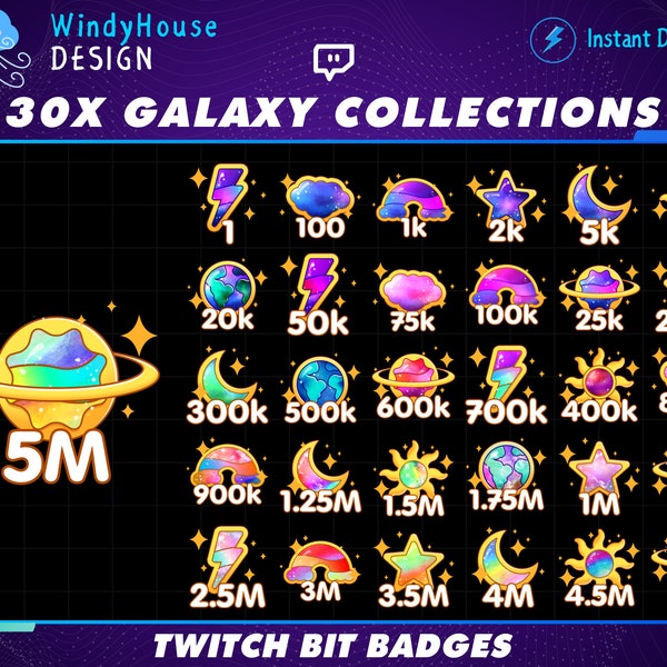 Twitch Galaxy Collection Distintivi Sub Bit / Cosmic Sparkle Space Collection / Tema stellato / Badge numerici / Luna / Stelle / Streamer