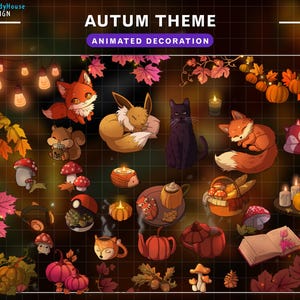 44x animierte Herbstkollektion Bach-Dekoration, Ahornblatt, süßer Fuchs, schwarze Katze, Kerzen, Kawaii Ästhetisch, Herbst-Bach