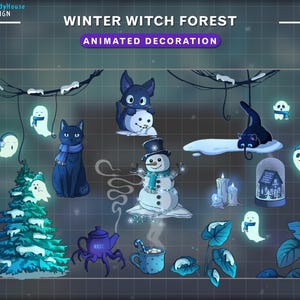 May include: Animated winter witch forest decorations.  The set includes a snowman, a black cat, a ghost, a tree, a teapot, a cup of hot chocolate, and a snow globe.  The decorations are in a blue and white color scheme.