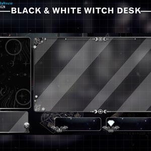 May include: Black and white witch-themed digital desktop overlay design. The design includes a large rectangular display area with diagonal stripes, and smaller display areas with celestial and crystal accents. Text reads "BLACK & WHITE WITCH DESK".