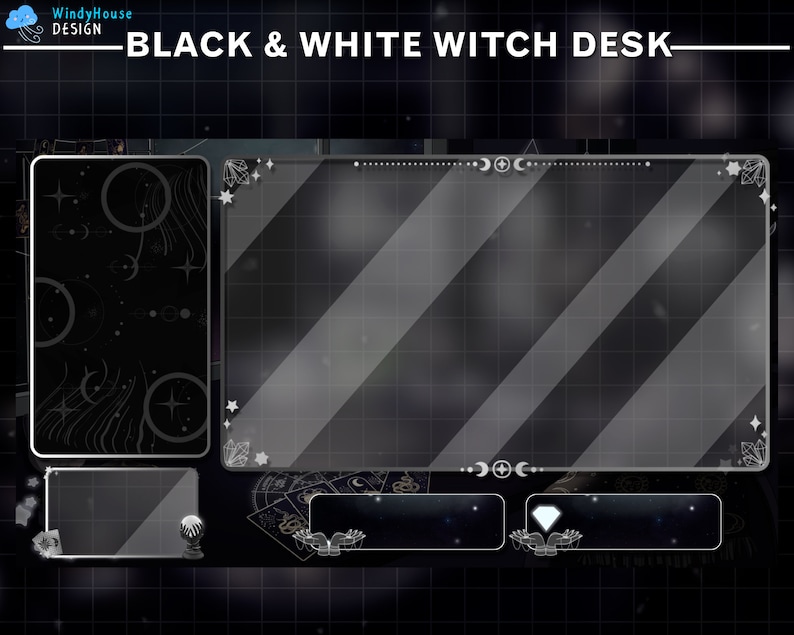 May include: Black and white witch-themed digital desktop overlay design. The design includes a large rectangular display area with diagonal stripes, and smaller display areas with celestial and crystal accents. Text reads "BLACK & WHITE WITCH DESK".