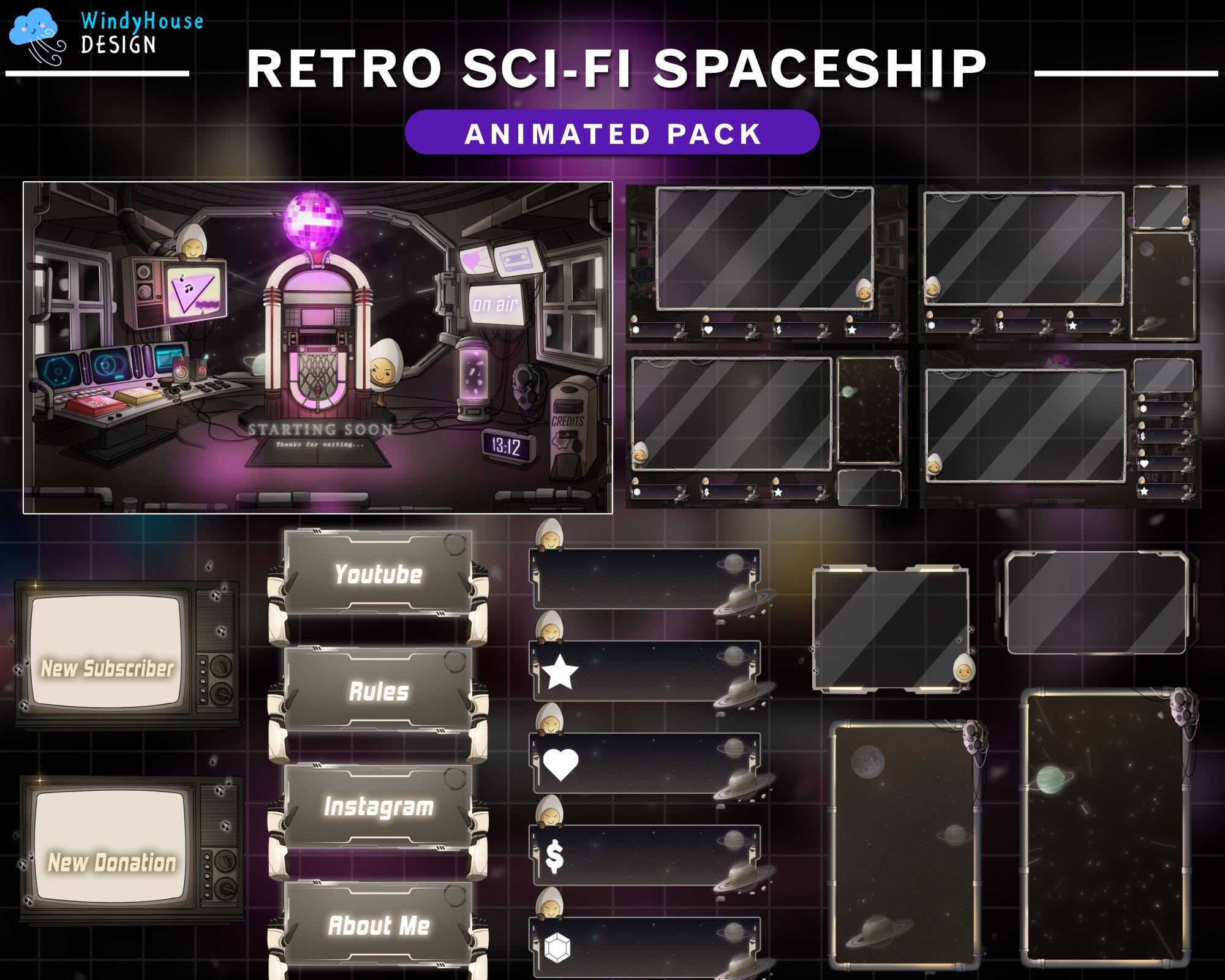 Retro Sci-Fi Animated Stream Package, Galaxy Twitch Overlay with Space Jukebox, Disco Ball, Cute Egg, Music Theme for VTuber and Streamer