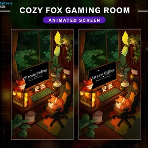 May include: Animated screen showing a cosy fox gaming room. The image includes a desk with a computer, keyboard, and a fox character. The screen displays "Stream Ending" and "Stream Offline". The time is 12:35.