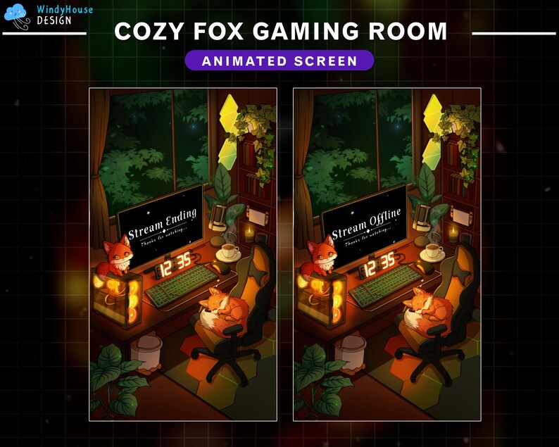 May include: Animated screen showing a cosy fox gaming room. The image includes a desk with a computer, keyboard, and a fox character. The screen displays "Stream Ending" and "Stream Offline". The time is 12:35.