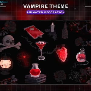 May include: A collection of animated vampire-themed decorations on a black background. The image includes a skull and crossbones, a blood bag, a martini glass with eyeballs, a heart-shaped bottle, and a potion bottle.
