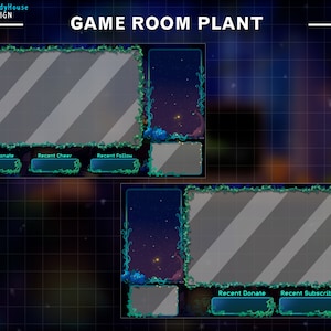 Puede incluir: Una superposici&oacute;n de transmisi&oacute;n digital con un fondo azul oscuro y un patr&oacute;n de cuadr&iacute;cula. La superposici&oacute;n presenta dos marcos rectangulares grandes con un borde de vid frondoso. Los marcos son para mostrar una transmisi&oacute;n de video en vivo. La superposici&oacute;n tambi&eacute;n incluye marcos rectangulares m&aacute;s peque&ntilde;os para mostrar donaciones, v&iacute;tores, seguimientos y suscriptores recientes.