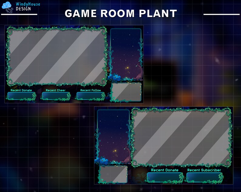 Puede incluir: Una superposici&oacute;n de transmisi&oacute;n digital con un fondo azul oscuro y un patr&oacute;n de cuadr&iacute;cula. La superposici&oacute;n presenta dos marcos rectangulares grandes con un borde de vid frondoso. Los marcos son para mostrar una transmisi&oacute;n de video en vivo. La superposici&oacute;n tambi&eacute;n incluye marcos rectangulares m&aacute;s peque&ntilde;os para mostrar donaciones, v&iacute;tores, seguimientos y suscriptores recientes.