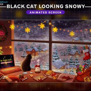 Animated Christmas Stream Screens Black Cat Looking Snowy, Cozy Room Winter Xmas Twitch Screens with Christmas Tree, Candles, Twink lights..