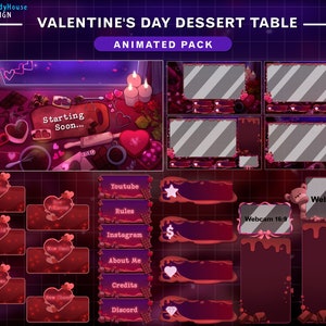 Mesa de sobremesa animada do Dia dos Namorados sobreposta Twitch, pacote estético adorável de fluxo de mesa Lo-fi com chocolate, rosa, velas, doces...