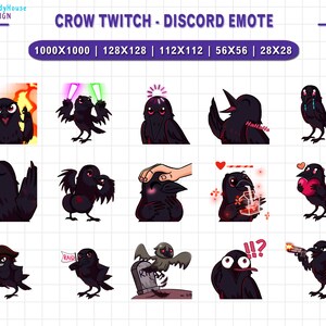 Peut inclure: Ensemble d'&eacute;motic&ocirc;nes Twitch et Discord sur le th&egrave;me du corbeau. Chaque &eacute;motic&ocirc;ne repr&eacute;sente un corbeau noir dans diverses poses et expressions, comme tenant des sabres laser, pleurant et tenant un c&oelig;ur. Le texte "CROW TWITCH - DISCORD EMOTE" est en haut.