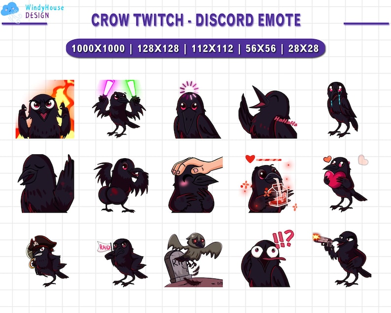 Peut inclure: Ensemble d'&eacute;motic&ocirc;nes Twitch et Discord sur le th&egrave;me du corbeau. Chaque &eacute;motic&ocirc;ne repr&eacute;sente un corbeau noir dans diverses poses et expressions, comme tenant des sabres laser, pleurant et tenant un c&oelig;ur. Le texte "CROW TWITCH - DISCORD EMOTE" est en haut.