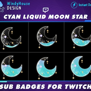 Cyan Liquid Moon Star Twitch Sub Badges, Bit Badges, Bit Loyalty Badges, Star Badge, Badges For Streamers, Zodiac Twitch, Magic Moon Bottle