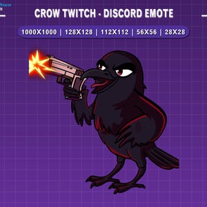 Peut inclure: Un &eacute;motic&ocirc;ne Discord de corbeau de dessin anim&eacute; tenant une arme &agrave; feu. Le corbeau est noir avec des d&eacute;tails rouges, tenant un pistolet argent&eacute; qui tire une explosion jaune et orange. Le fond est une grille violette.