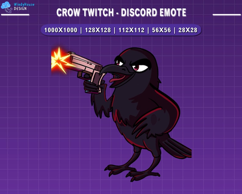 Peut inclure: Un &eacute;motic&ocirc;ne Discord de corbeau de dessin anim&eacute; tenant une arme &agrave; feu. Le corbeau est noir avec des d&eacute;tails rouges, tenant un pistolet argent&eacute; qui tire une explosion jaune et orange. Le fond est une grille violette.