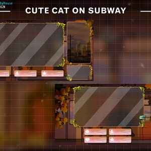 May include: A digital illustration of a cute cat on a subway train. The image is in a cartoon style with a brown and orange colour scheme. The cat is sitting on a seat and looking out of the window. The text "CUTE CAT ON SUBWAY" is at the top of the image.