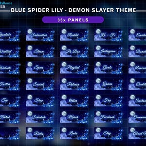 Puede incluir: Un conjunto de 35 paneles digitales con un tema de lirio de ara&ntilde;a azul y Demon Slayer. Cada panel presenta un dise&ntilde;o de luna y nube con etiquetas de texto como "Youtube", "Instagram" y "Etsy".