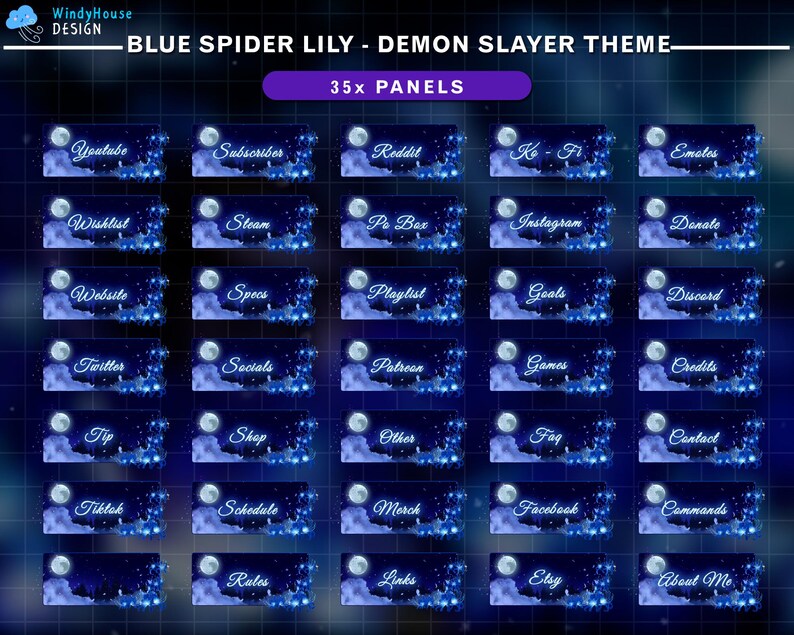Puede incluir: Un conjunto de 35 paneles digitales con un tema de lirio de ara&ntilde;a azul y Demon Slayer. Cada panel presenta un dise&ntilde;o de luna y nube con etiquetas de texto como "Youtube", "Instagram" y "Etsy".