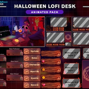 Animated Stream Package Halloween Lofi Desk , Animated Twitch Overlay Halloween Room, Vtuber Background with Spider, Ghost, Skull...