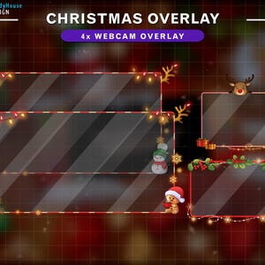 Peut inclure: Quatre superpositions de webcam sur le thème de Noël avec des bordures rouges et blanches. Les superpositions présentent un bonhomme de neige, un renne, un casse-noisette et un ours en peluche tenant un cadeau. Les superpositions sont décorées de lumières, de houx et de flocons de neige.