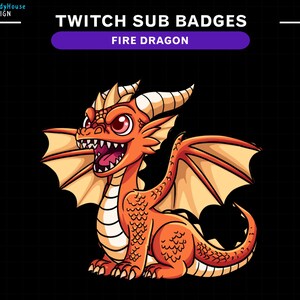 Pu&ograve; includere: Un drago di fuoco dei cartoni animati con squame arancioni e gialle, una lingua rossa e un'ala gialla e arancione. Il drago guarda a destra e ha un'espressione feroce. Il testo "TWITCH SUB BADGES FIRE DRAGON" &egrave; sopra il drago.