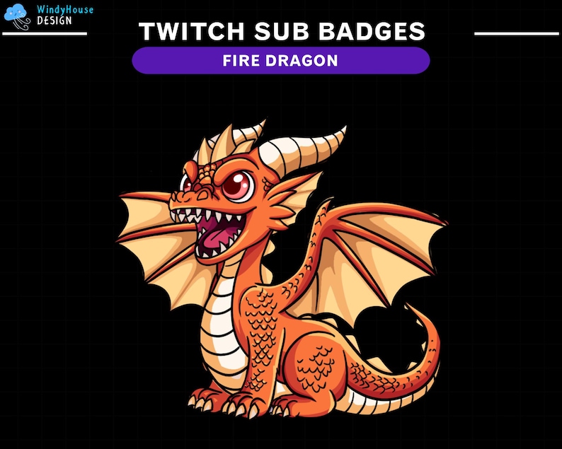 Pu&ograve; includere: Un drago di fuoco dei cartoni animati con squame arancioni e gialle, una lingua rossa e un'ala gialla e arancione. Il drago guarda a destra e ha un'espressione feroce. Il testo "TWITCH SUB BADGES FIRE DRAGON" &egrave; sopra il drago.