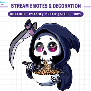 Op de afbeelding: Een cartoon Grim Reaper met een zwarte kapucijner en een schedelgezicht eet een kom ramennoedels met eetstokjes. De Grim Reaper heeft roze wangen en glinsterende ogen. De achtergrond is een wit raster.