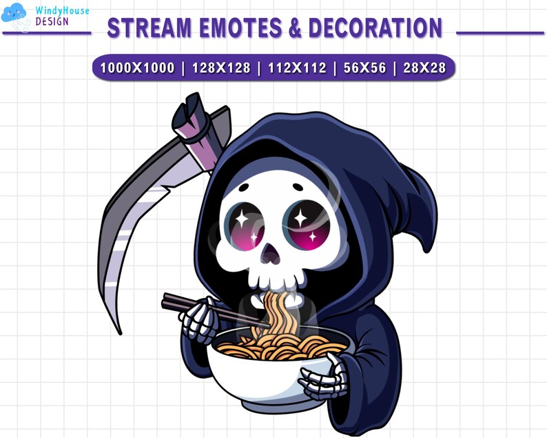 Op de afbeelding: Een cartoon Grim Reaper met een zwarte kapucijner en een schedelgezicht eet een kom ramennoedels met eetstokjes. De Grim Reaper heeft roze wangen en glinsterende ogen. De achtergrond is een wit raster.