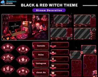 Animated Twitch Screens Black Cat Witch Desk, Goth Red Theme Twitch Overlay with Tarrot Card, PC Setup, Ghost, Skull, Candle, Poison...