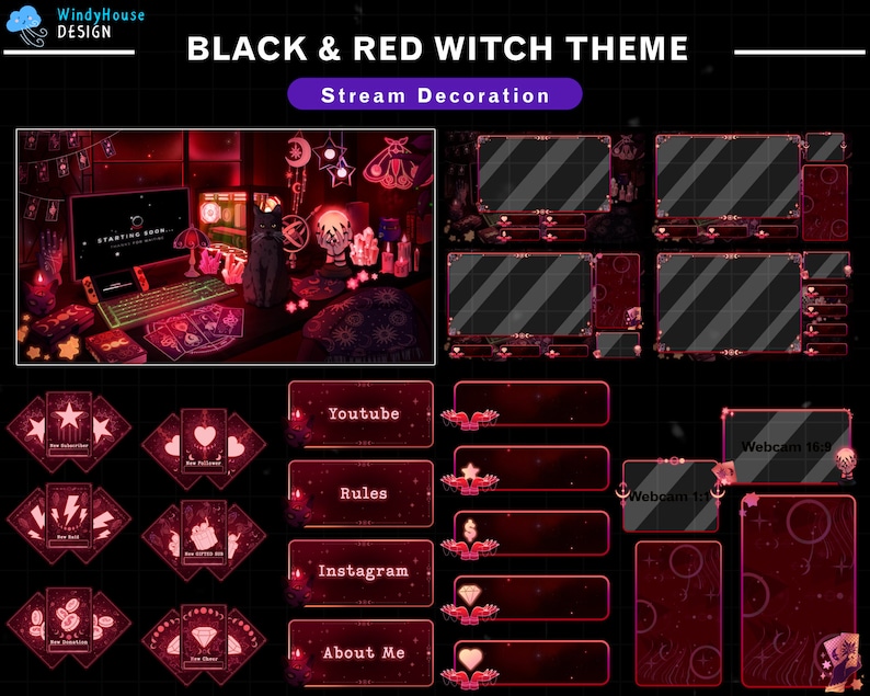 May include: Black and red witch themed Twitch stream overlay with a variety of panels, including a starting soon screen, webcam frames, and social media links. The overlay features a dark background with red accents and stars.