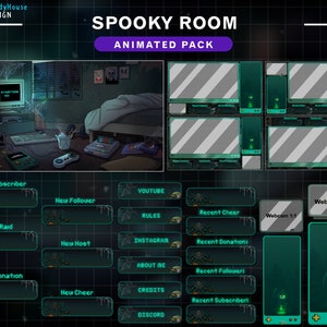 Animated Twitch Overlays Spooky Room, Halloween Room Stream Overlays, Vtuber Background with Spider, Ghost, Skull...