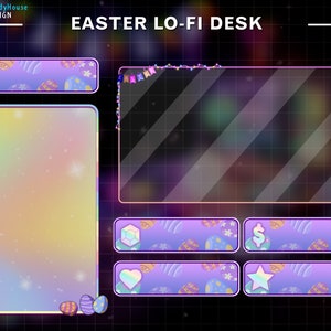 May include: A purple and pink Easter themed Twitch stream overlay with a large transparent window in the center. The overlay has a rainbow gradient background with stars and a border of pastel colored eggs. The overlay also includes a title bar with the text "EASTER LO-FI DESK" and a series of smaller windows with icons for donations, follows, and other stream features.
