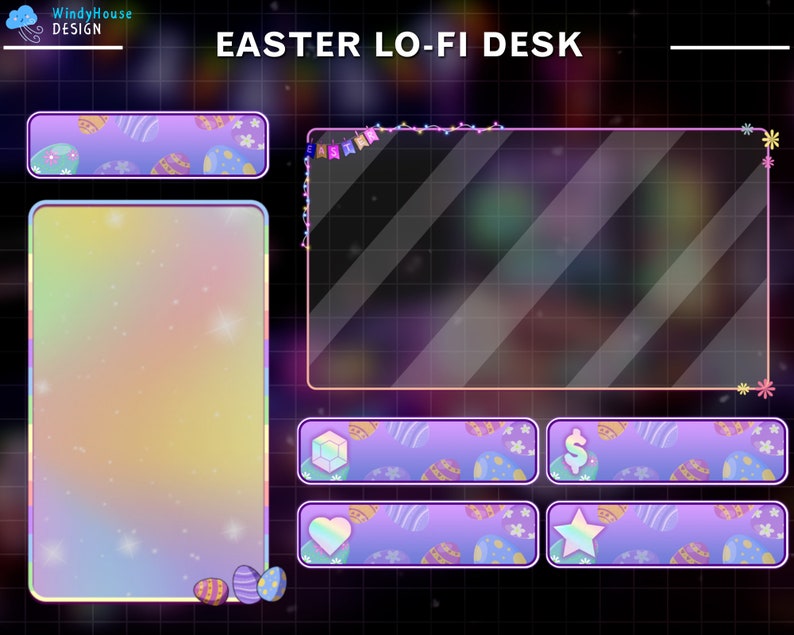 May include: A purple and pink Easter themed Twitch stream overlay with a large transparent window in the center. The overlay has a rainbow gradient background with stars and a border of pastel colored eggs. The overlay also includes a title bar with the text "EASTER LO-FI DESK" and a series of smaller windows with icons for donations, follows, and other stream features.
