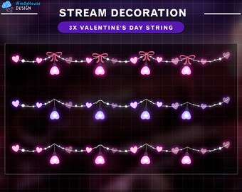 May include: Three strings of pink and white heart-shaped lights with a pink bow on each bulb. The text "STREAM DECORATION 3X VALENTINE'S DAY STRING" is at the top of the image.