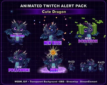 Animated Little Dragon Twitch Alert Pack, Fantasy Dragon Stream Alerts for Twitch Overlay, Kick, Discord...