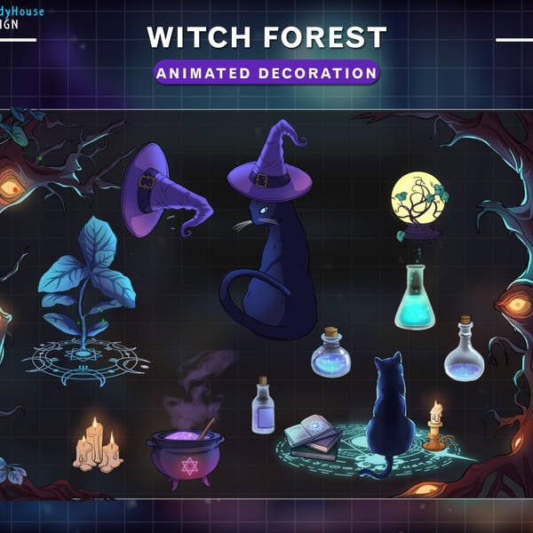 Decoração de transmissão animada com tema de bruxa, Twitch de floresta misteriosa, sobreposição de Twitch mística com fantasma fofo, chapéu de bruxa, plantas...