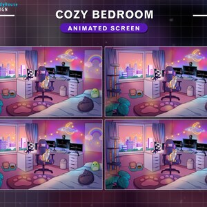 May include: A digital illustration of a cozy bedroom with a pink and purple color scheme. The bedroom features a large window with a view of a city skyline, a desk with a computer, a cat sitting in a gaming chair, and a bed with a fluffy blanket. The text "COZY BEDROOM ANIMATED SCREEN" is displayed at the top of the image.