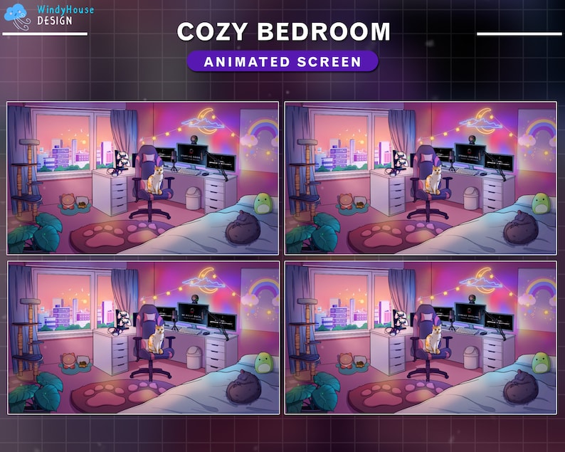May include: A digital illustration of a cozy bedroom with a pink and purple color scheme. The bedroom features a large window with a view of a city skyline, a desk with a computer, a cat sitting in a gaming chair, and a bed with a fluffy blanket. The text "COZY BEDROOM ANIMATED SCREEN" is displayed at the top of the image.