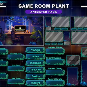 Animated Stream Package Aesthetic Game Room Plant, Cozy Plant Room Twitch Overlay with PC, Hanging Plant Pots, Night Sky, Twinkle Star