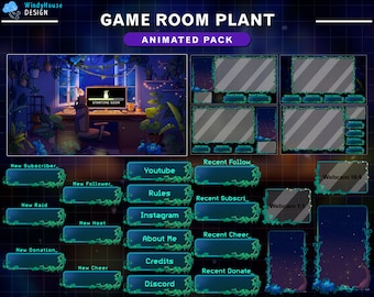 Animated Stream Package Aesthetic Game Room Plant, Cozy Plant Room Twitch Overlay with PC, Hanging Plant Pots, Night Sky, Twinkle Star