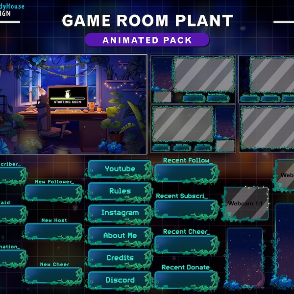 Animated Stream Package Aesthetic Game Room Plant, Cozy Plant Room Twitch Overlay with PC, Hanging Plant Pots, Night Sky, Twinkle Star